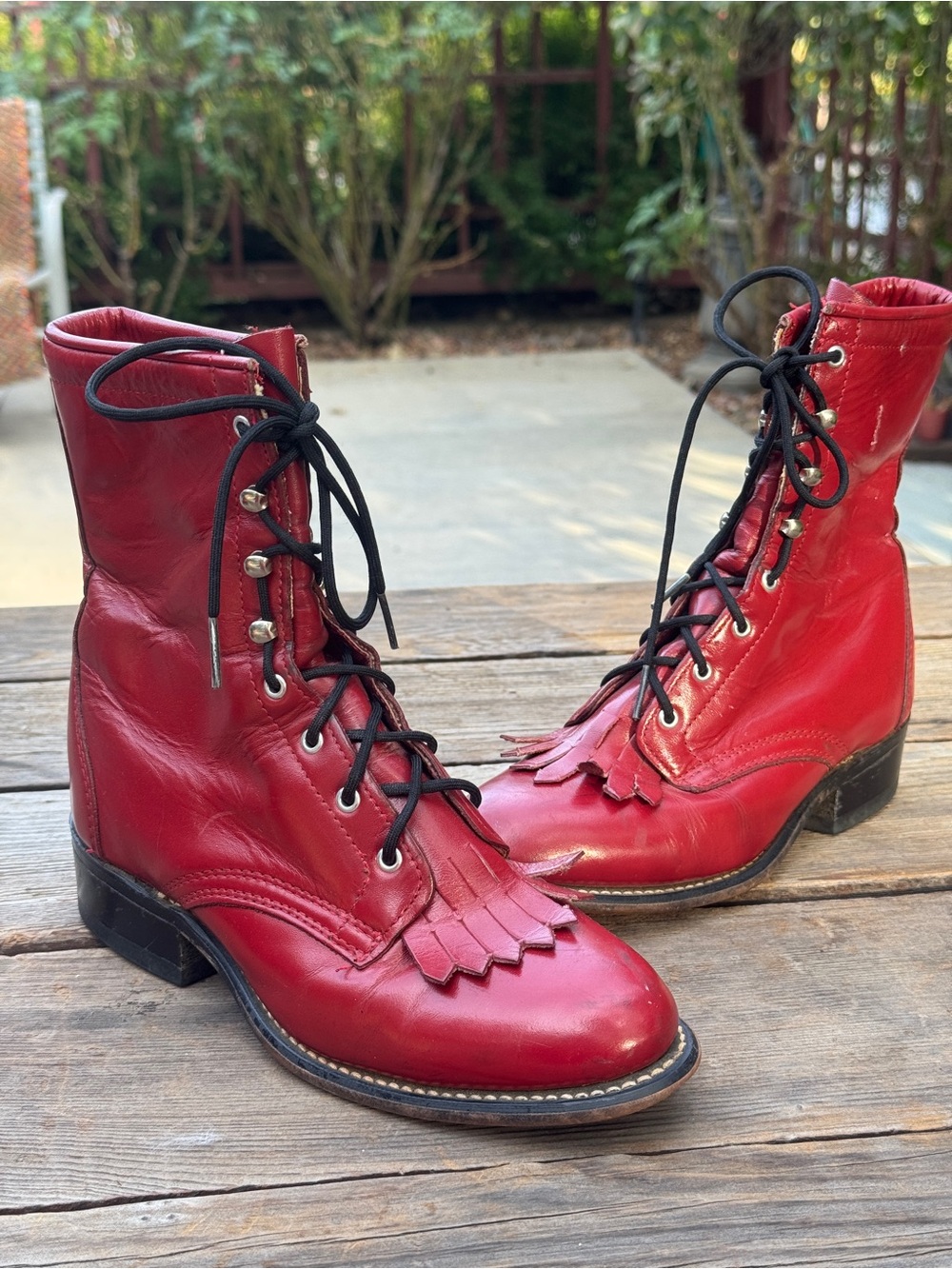 Laredo Red Lace-Up Leather Women's Boots with Kiltie Fringe